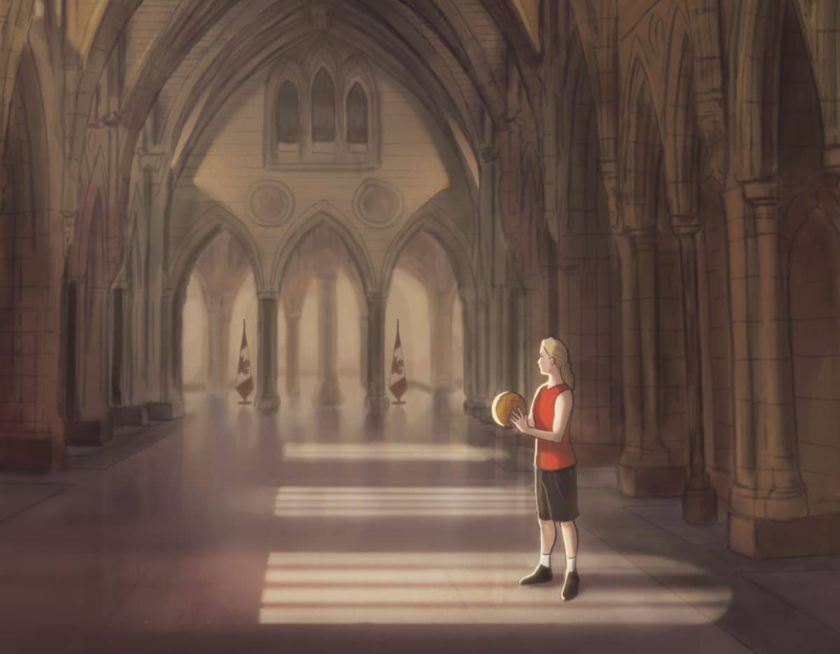 P2C Magazine Issue 2 - Illustration of Stephanie holding a basketball in the Canadian Parliament building